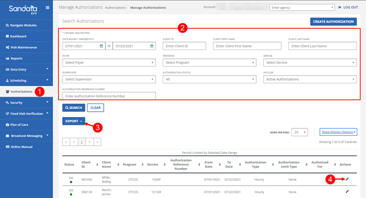 Manage Authorizations Screen