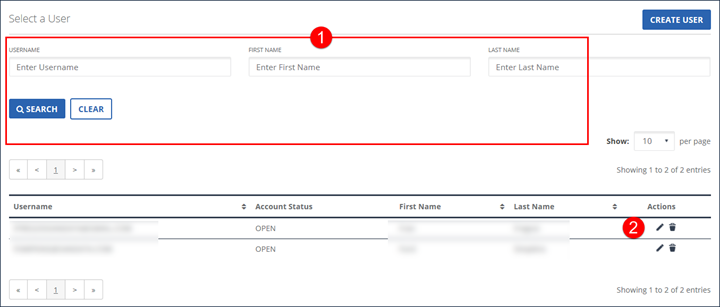 Select a user screen, with user name fields highlighted.