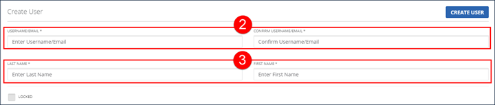 Create User section, with user email and name fields highlighted.