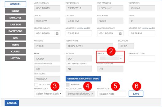 Visit details general tab. Service drop down, reason codes and save button highlighted.