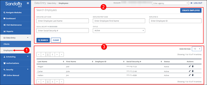 Sandata EVV search employees screen