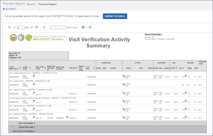 Visit Verification Activity Summary report example, with personal information blurred.
