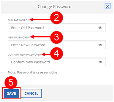 Change password screen, with each step highlighted in order.