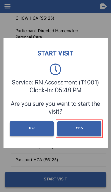 Start visit confirmation screen