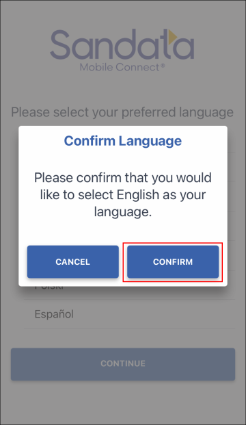 Langage confirmation screen