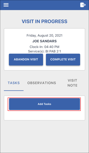 Sandata Mobile Connect tasks screen