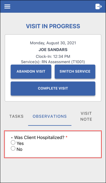 Sandata Mobile Connect observations screen