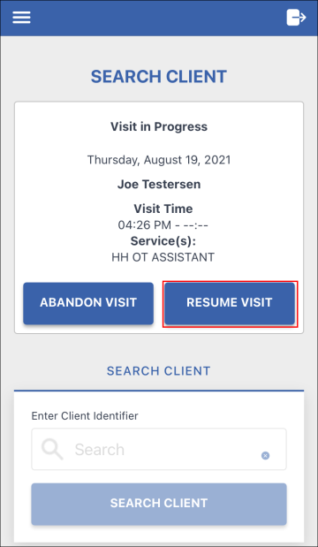 Sandata Mobile Connect resume visit screen