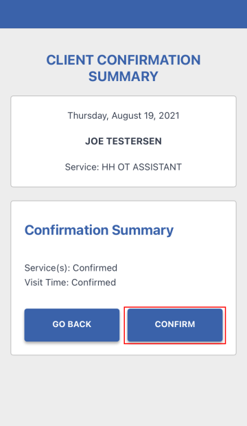 Visit summary client confirmation screen