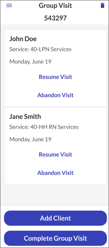 Ekran za posetu grupe u toku