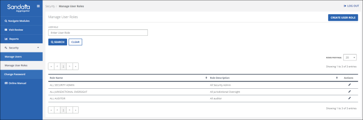 Security screen manage user roles section.
