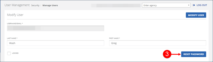 Modify user screen, with reset password button highlighted.