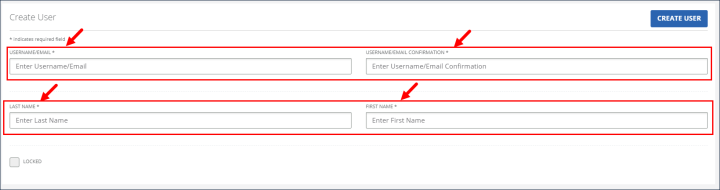 Create User section, with user email and name fields highlighted.