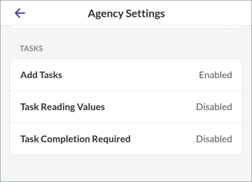 Ecrã de configuração da agência — Tarefas