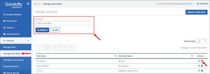 Manage User Roles screen