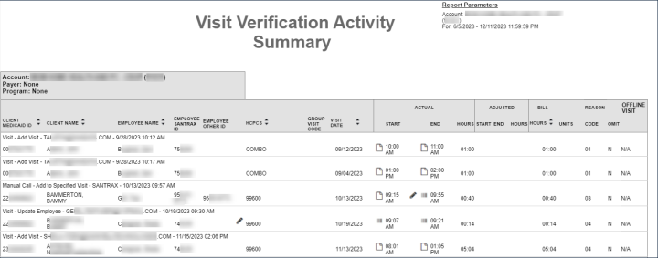 Visit Verification Activity Summary report example, with personal information blurred.