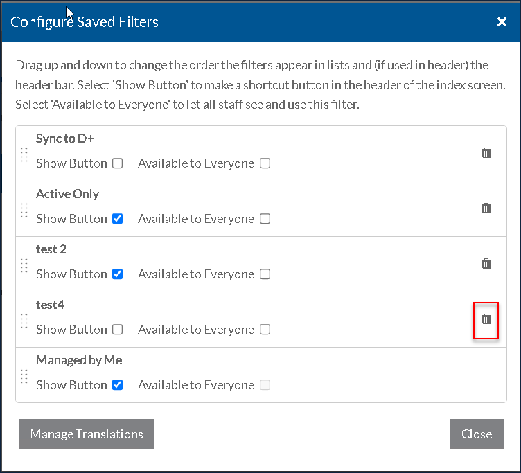 Configure Saved Filters Screen