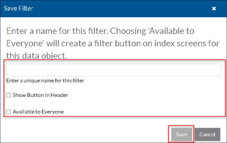 Save Filters Pop Up Screen