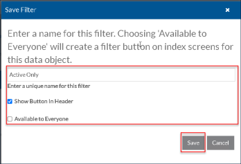 Save Filter Pop Up screen