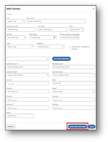 A screenshot the employee module page from Sandata EVV Enhanced, Add Contact screen. Save and Add New section is highlighted.