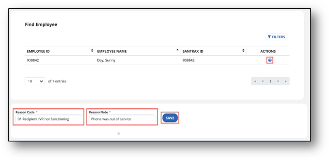 A screenshot of the Visit Maintenance module, the manage visits screen page from Sandata EVV Enhanced. Reason code, and the Reason Notes is highlighted. 