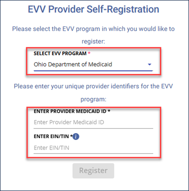 A screenshot of the Sandata EVV provider registration form.