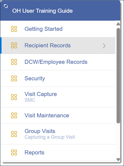 A screenshot of the in-portal Ohio User Training Guide displaying the menu of topics