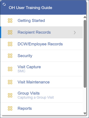A screenshot of the in-portal Ohio User Training Guide displaying the menu of topics.