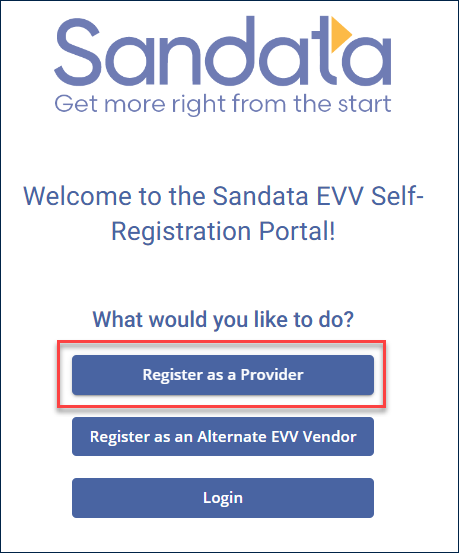 screenshot of welcome screen of the Sandata EVV Self-Registration Portal
