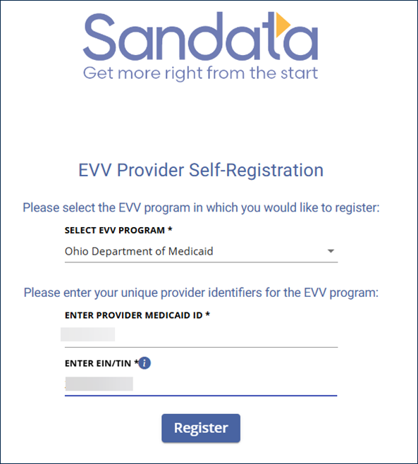 Self-registration form screenshot where the program, medicaid id and EIN are entered