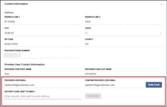 screenshot of contact information and provider user contact information