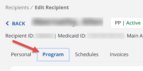 screenshot of how to access the program tab on a recipient's profile. 