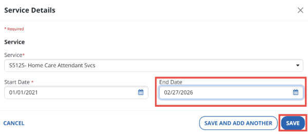 screenshot of the service details screen indicating where you can update the end date of services rendered. 