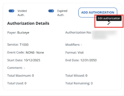 screenshot of the authorization details screen and pencil edit icon. 