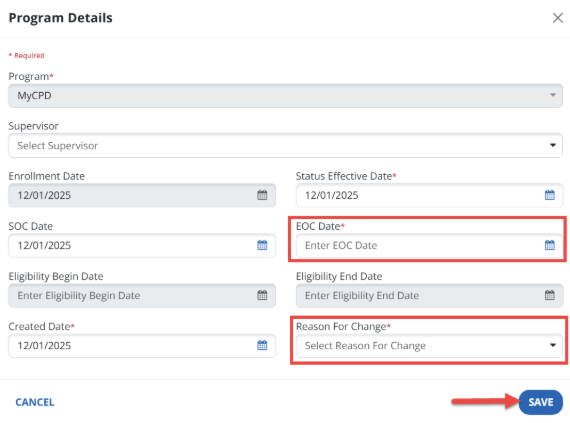 Screenshot of the program details screen indicating where you can enter in the EOC date and the reason for change. 