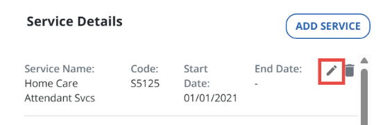 Screenshot of the service details screen where you can select the pencil edit icon. 