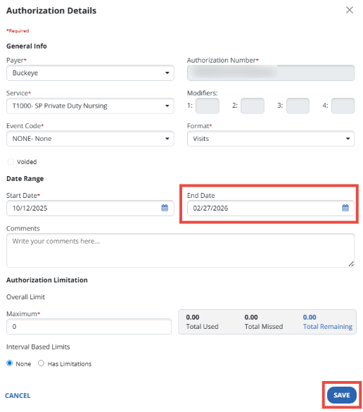 Screenshot of the authorization details and where you can end date the authorization. 