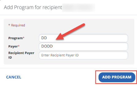 screenshot of the add recipient program pop up.