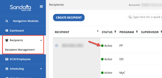 screenshot of how to access the recipient management screen in EVV. 