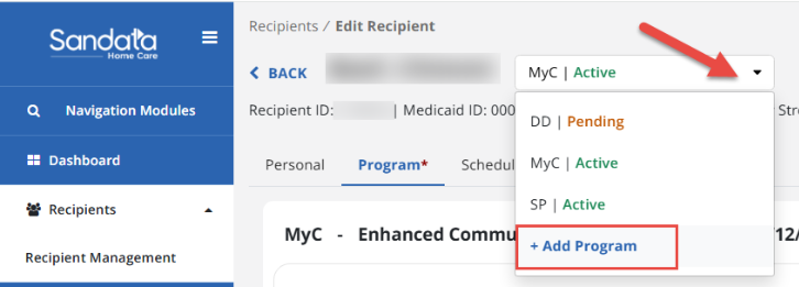 Screenshot of the add program option in a recipient's profile. 
