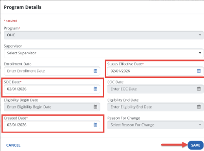 screenshot of the program details screen where you can enter in the effective date, SOC date, and created date.