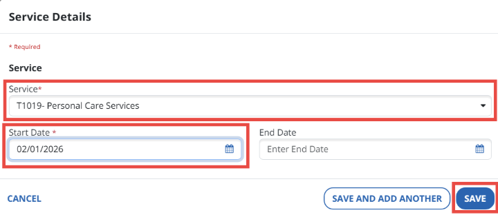 Screenshot of where you can enter in the service and start date for a recipient's rendered services
