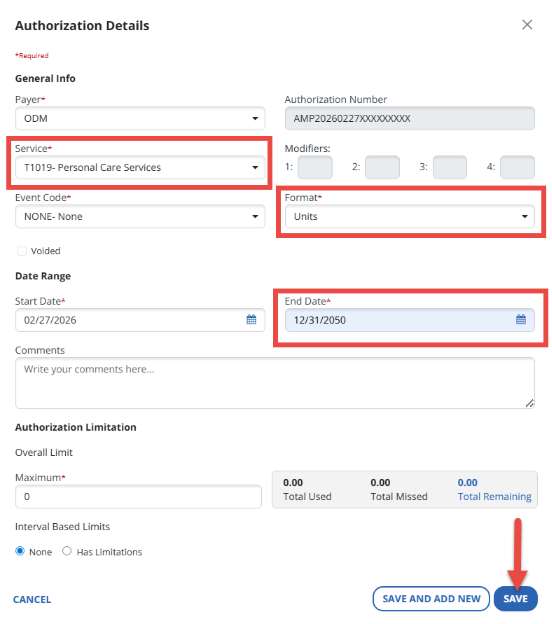 Screenshot of the authorization details pointing out where you can add in the service, format, and end date. 